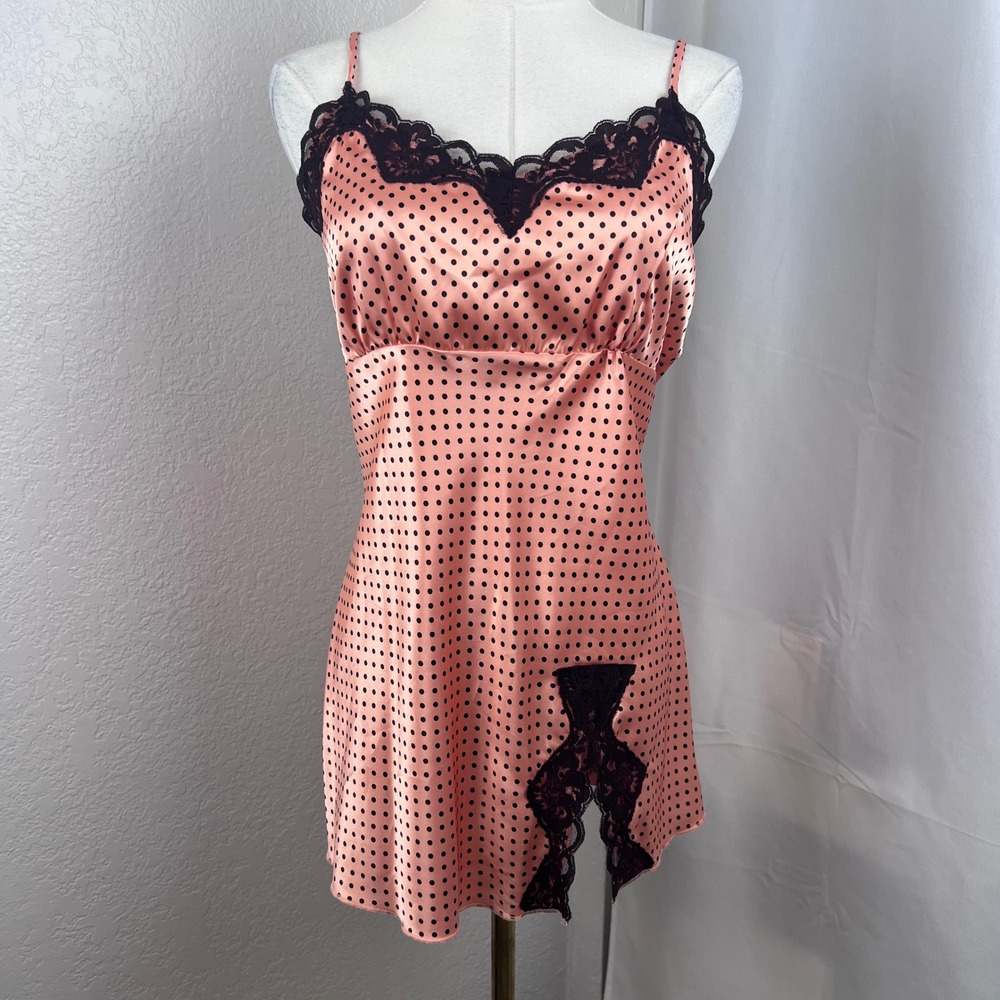 Self Esteem Satin Tank Top Womens XL Babydoll Pink Polka Dot Lace Trim Y2K Retro